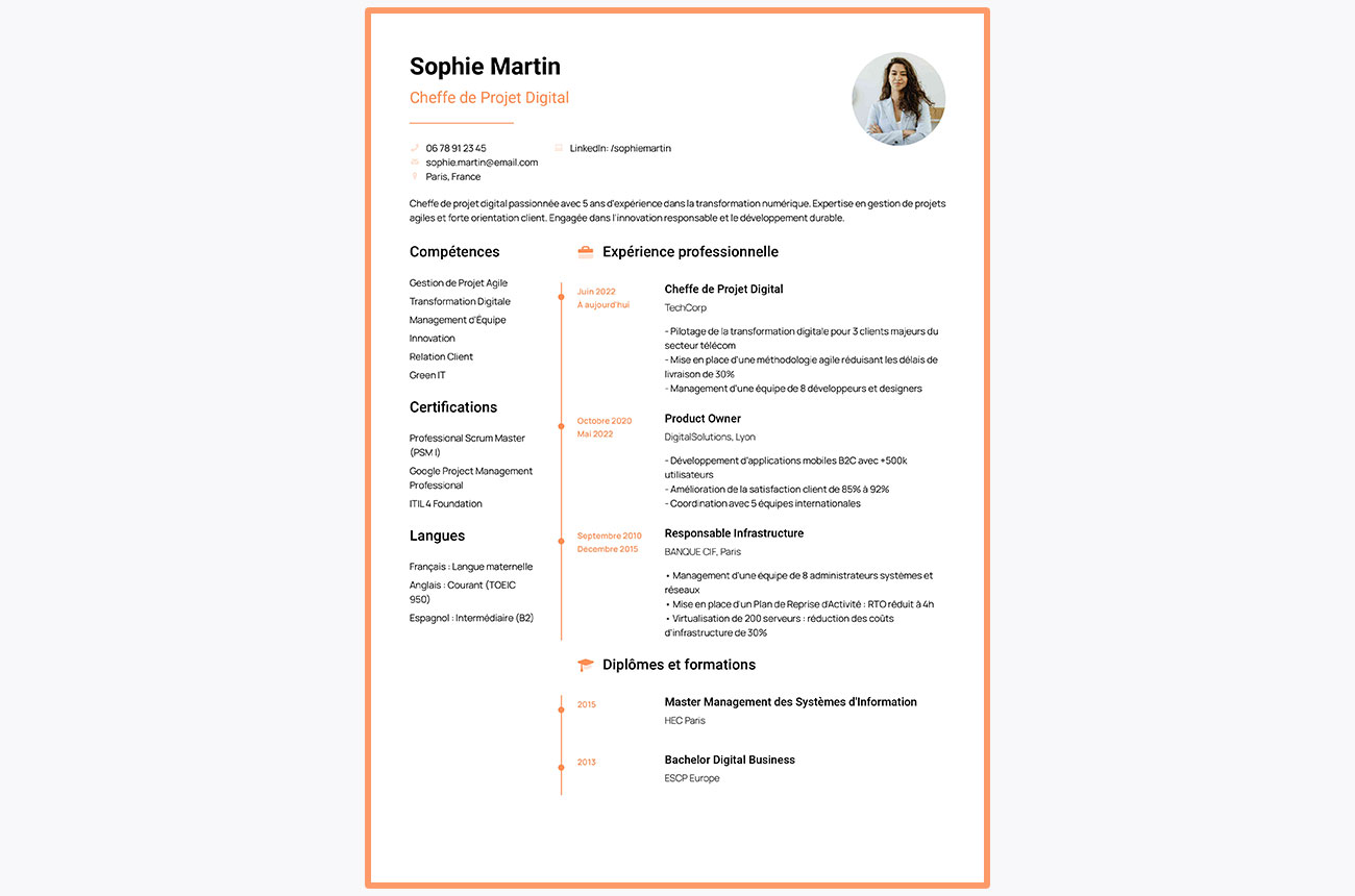 CV fictif de Sophie Martin pour postuler chez Orange